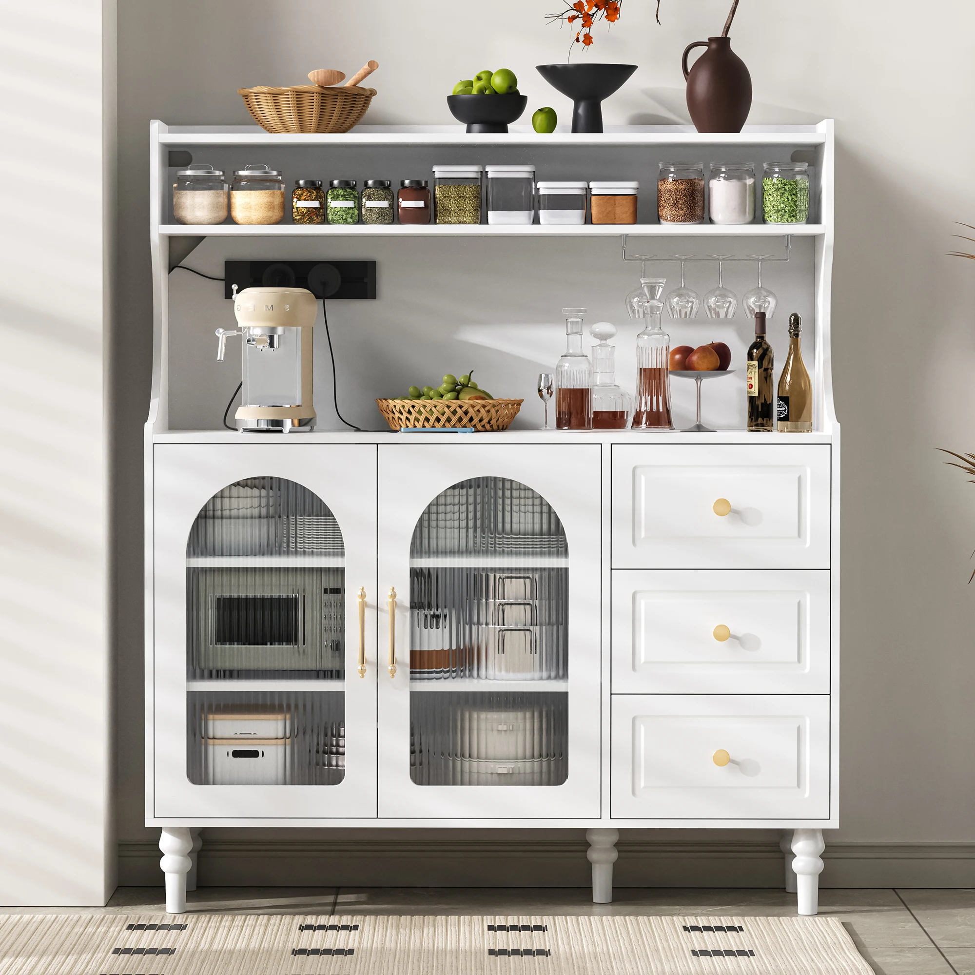 Buffet - Armoire de rangement - Tiroirs - Portes - Verres - Étagères réglables - MDF - Blanc