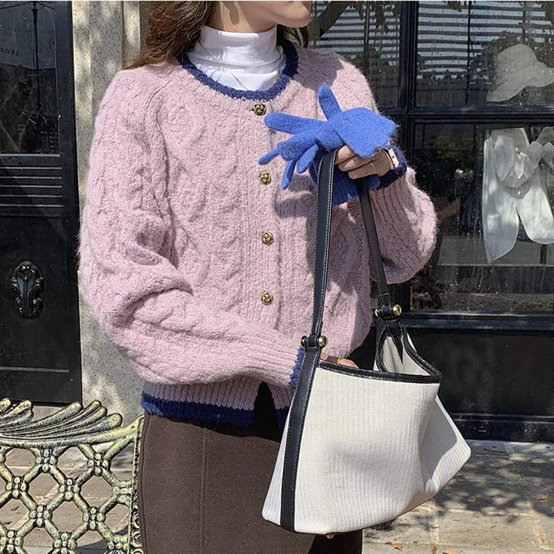 

Sweater Coat Women O-collar Contrast Color Vintage Knitwear Korean Loose Fashion Twist Cardigan Jacket Female Spring Autumn New