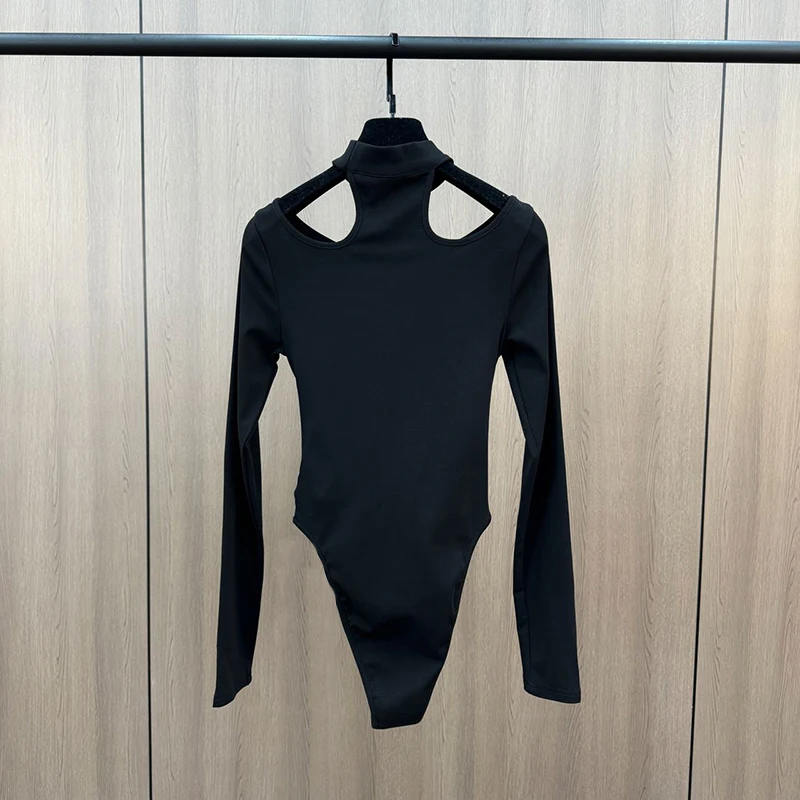 DEAT 2025 Spring New Fashion Black Long Sleeves Bodysuits For Women Bandage Design Off Shoulder Bottoming T-shirt Trend 11A02374