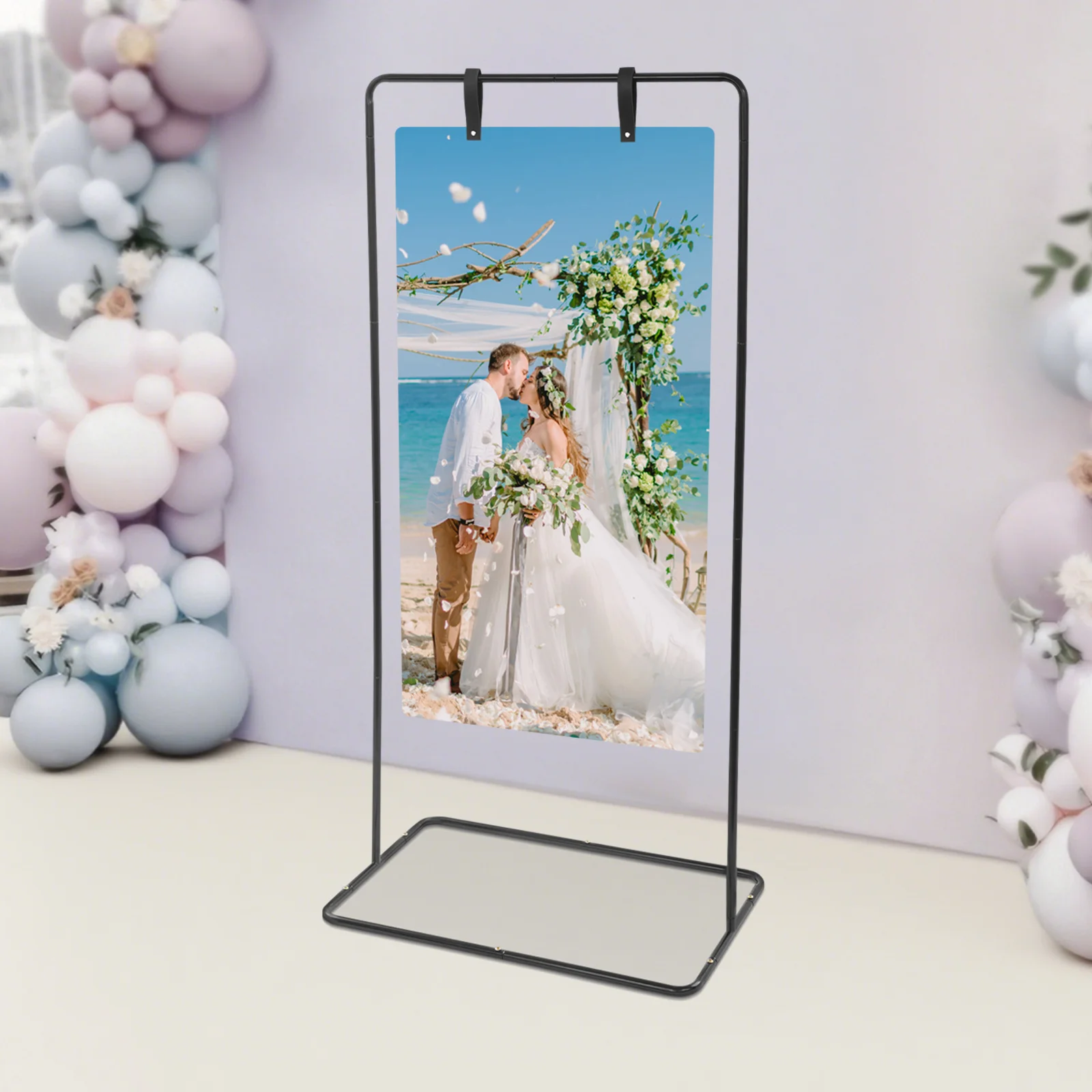 Adjustable Iron Wedding Sign Holder Stand, Heavy Duty Floor Display Easel with Leather Buckles (2 Black+2 White), 175cm Height 5kg Capacity for Wedding Events Parties (Black)