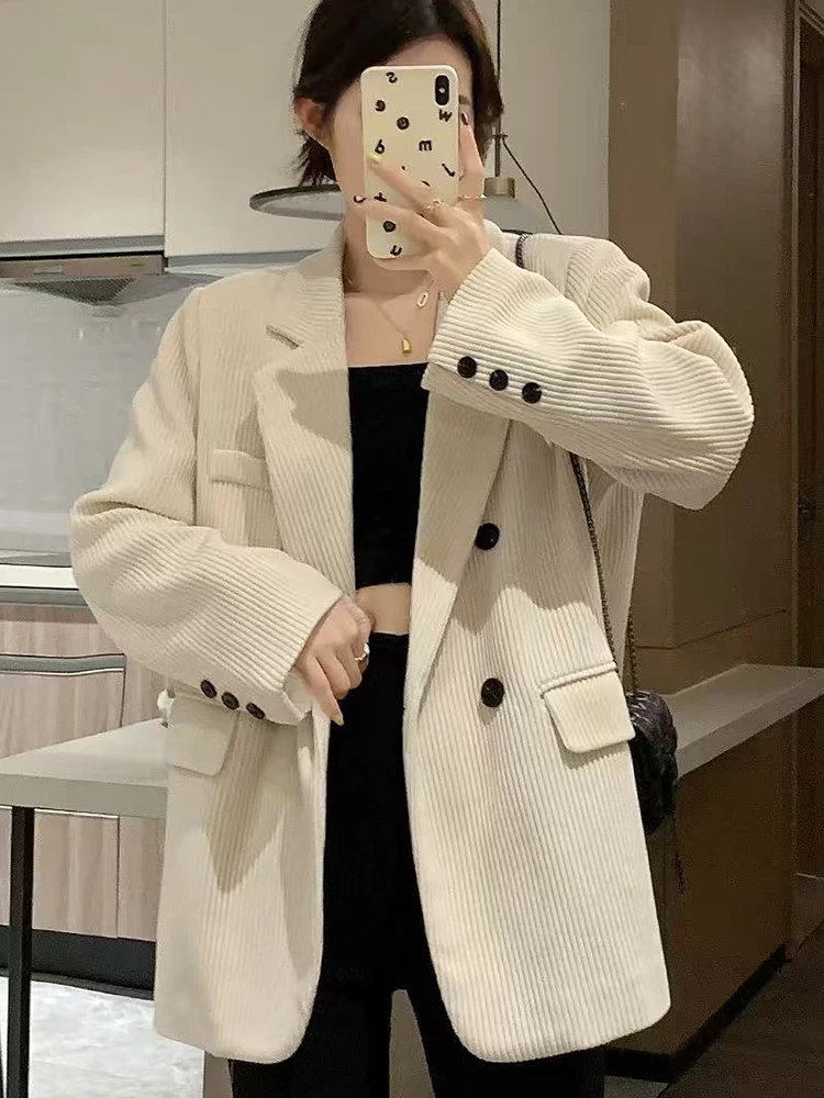 Winter Corduroy Blazer Women Y2K Loose Streetwear Casual Jacket Female Fashion Double-Breasted All Match Lapel Suit Coats New