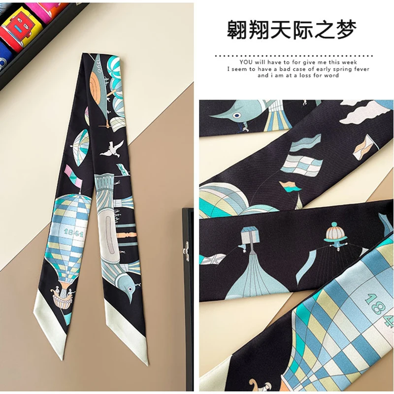 South Korean Spring Versatile silk scarf Hot Air Balloon Women\'s Twill Ribbon Bundle Bag Handle Ribbon Hair Band Scarf Headband