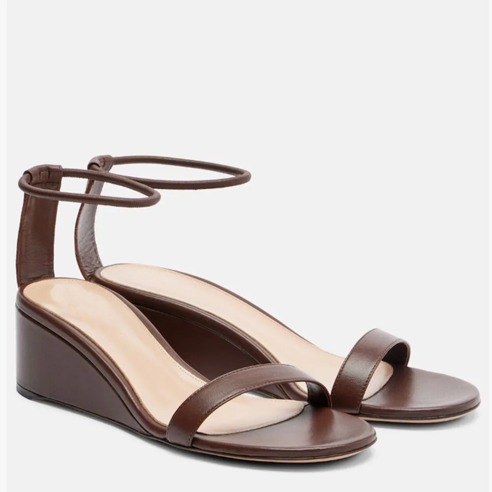 

Women Wedge Sandals Ankle Strap Open Toe Low Heel Leather Shoes White Brown Plus Size 33-46 26-33