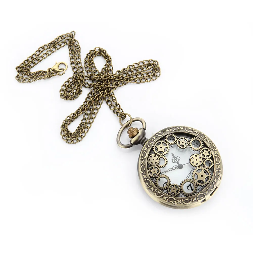 Retro Design Hollow Gear Fob Watch Vintage Bronze Pocket Watch Necklace Chain Pendant LL@17