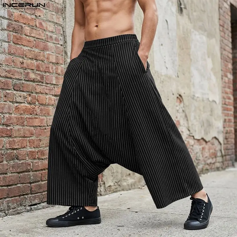 

INCERUN Men Striped Pants Elastic Waist Joggers Loose Drop-crotch Trousers Men Streetwear 2026 Pockets Fashion Wide Leg Pants