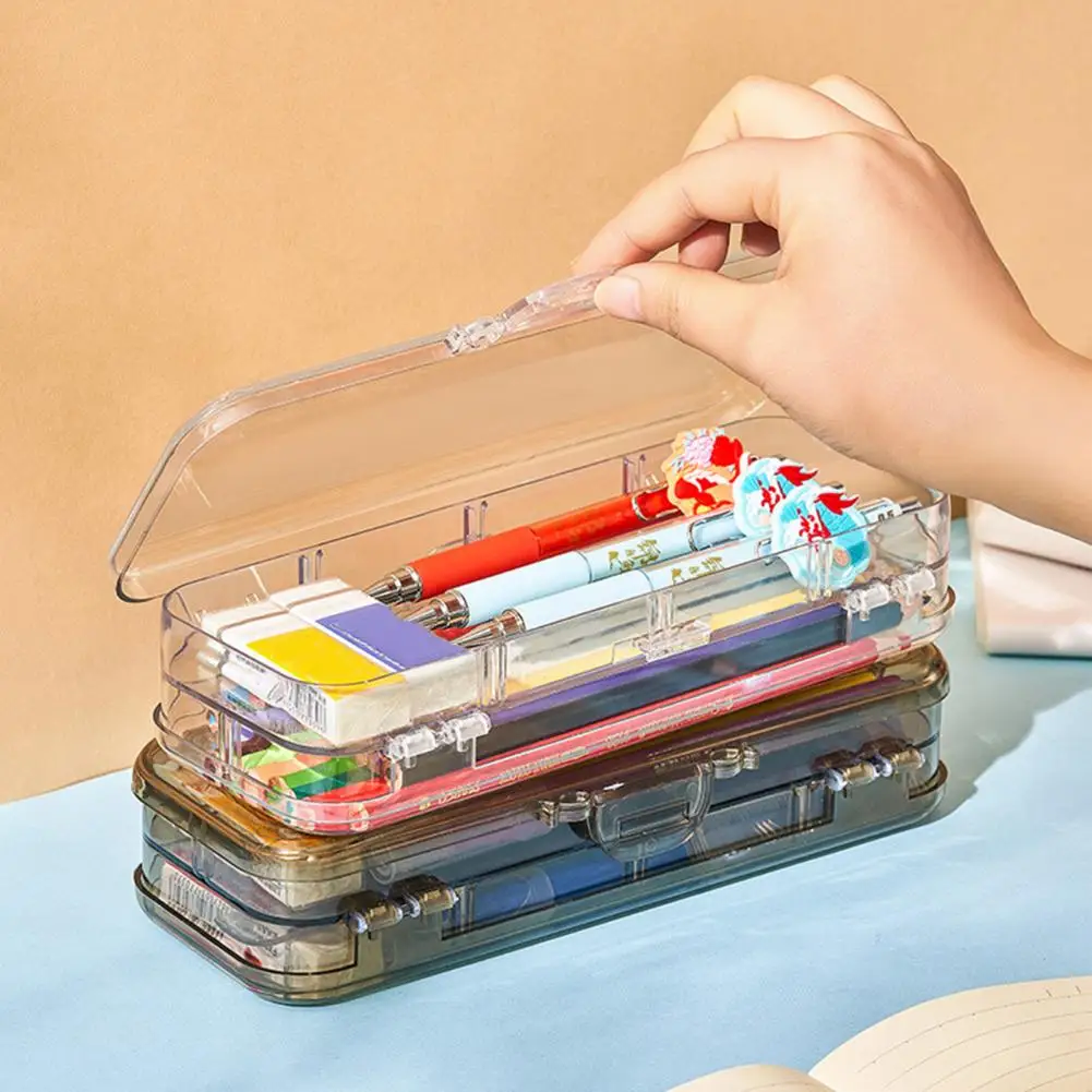 Pen Box Double Layers Clear Visible Multifunction Boys Girls Students Pencil Stationery Organizer Case