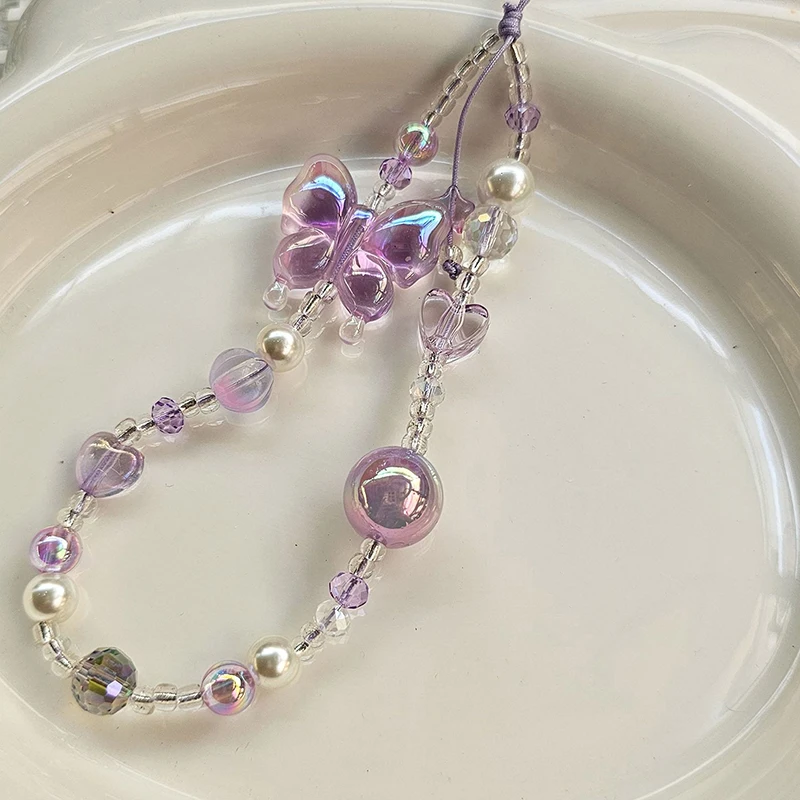 Light Purple Ins Style Y2K Heart Butterfly Pendant Phone Strap Charm Lanyard Anti Loss Keychain Camera Hanging Chain DIY Decor