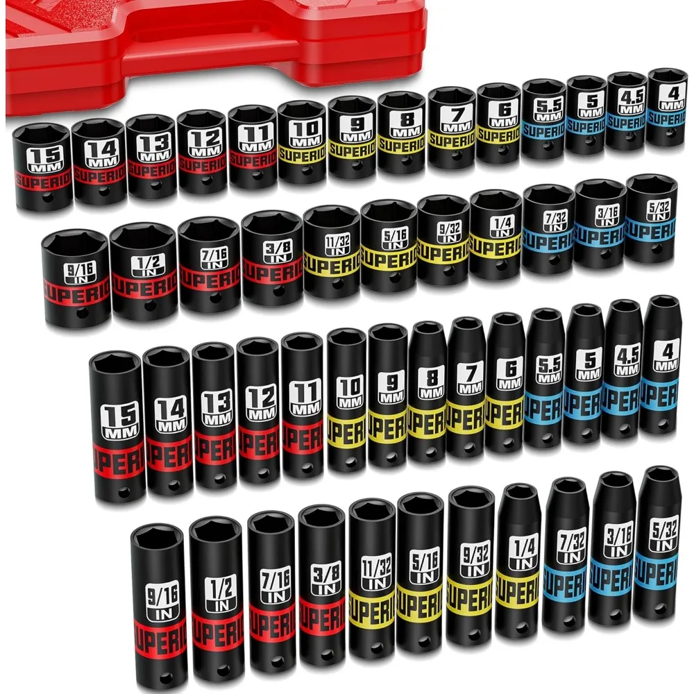 

50 Piece 1/4 Drive Impact Socket Set Deep and Shallow SAE Metric for Auto Bike Furniture
