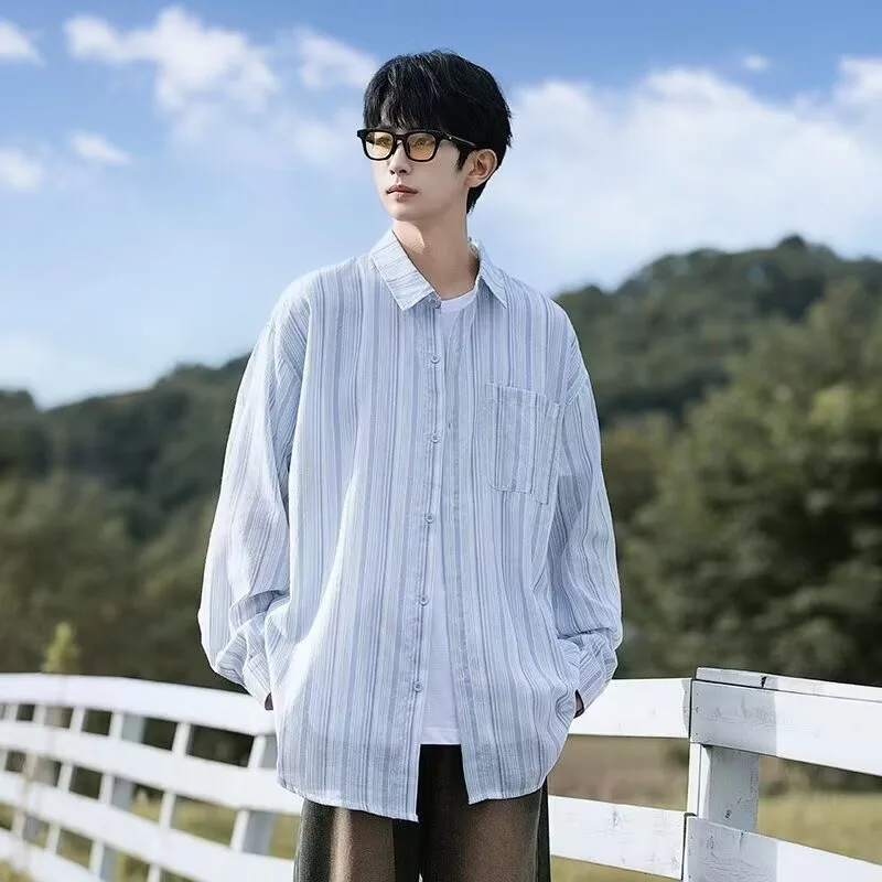 

Loose Fit Long Sve Men's irt Casual Striped Lightweight Polyester Autumn Winter Faion Trendy Brand Versatile Loose irt