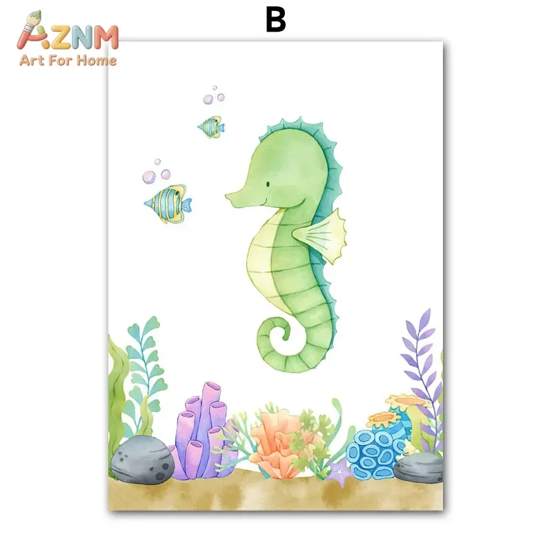 AZNM Watercolor Cute Underwater Sea Creature Canvas Wall Art Octopus Whale Turtle Seahorse Print Ocean Theme Kids Nursery Bedroo