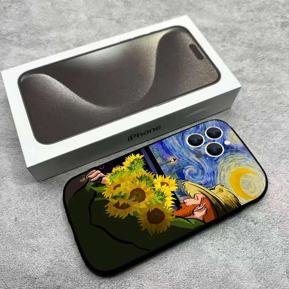 Capa de telefone Sunflower Art V-Van G-Gogh para iPhone 17,16,15,14,13,12, Pro, Max, Plus, E, SE4, Air, Mini caixa macia preta