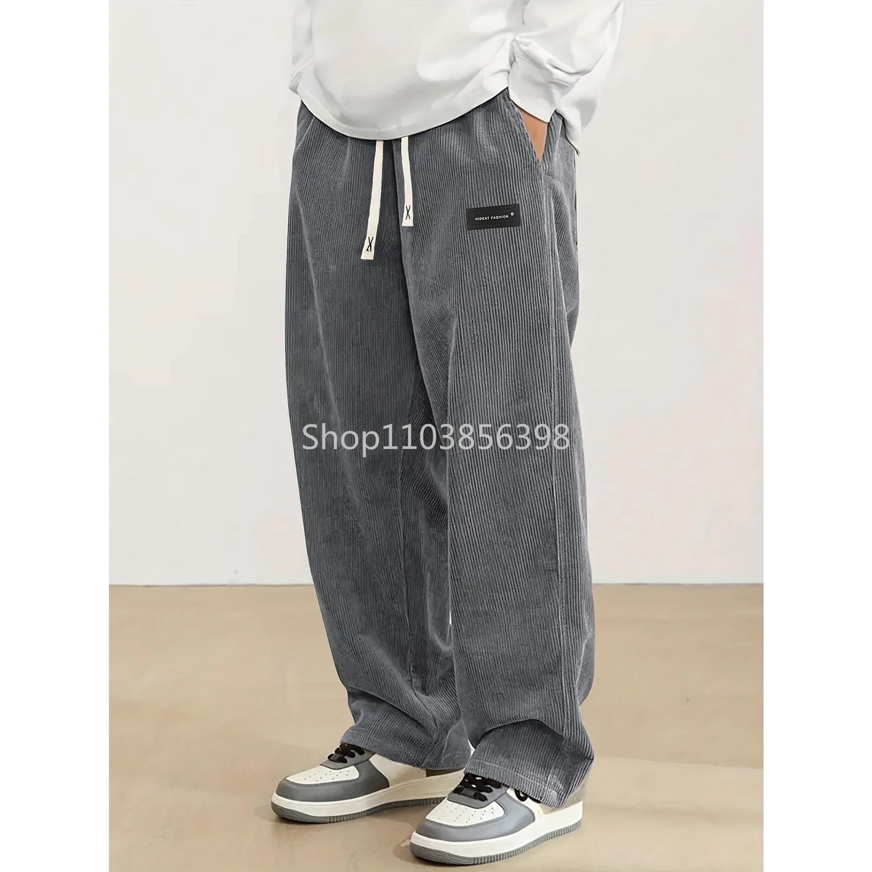 Autumn Mens Corduroy Casual Pants Fashion Loose Fit Pants Straight Sweatpants Male Elastic Waist Drawstring Outdoor Streetwear