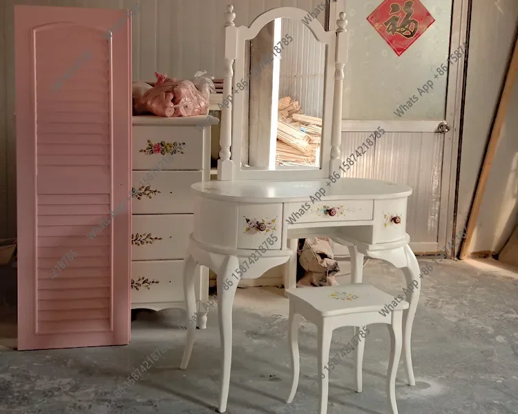X36 British European Style Solid Wood American Pastoral Style Korean Hand-painted Dresser Makeup Mirror Makeup Stool Country Sty