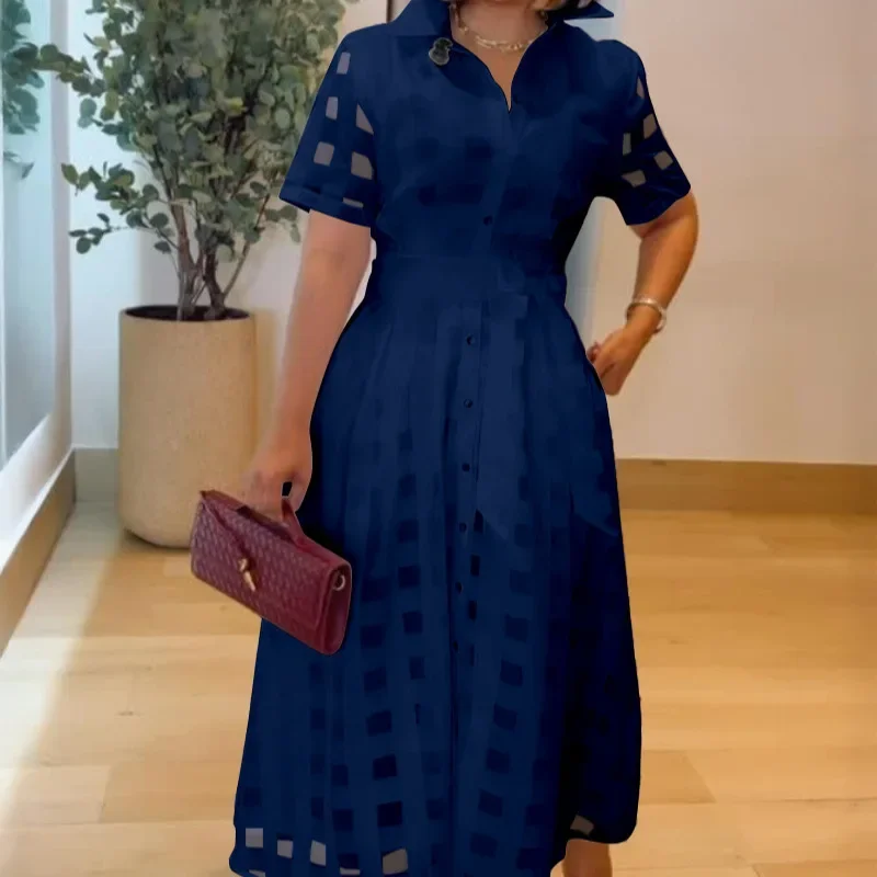 Malha dupla camada cintura cinched feminino turn-down colarinho xadrez uma linha camisa vestido botão para baixo laço cintura maxi vestido