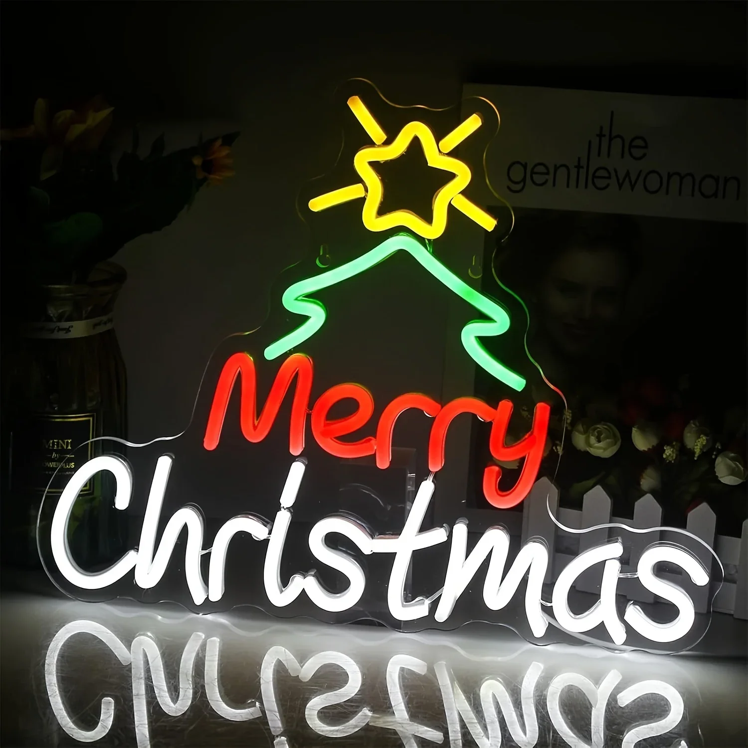 Merry Christmas Tree Star Neon Sign Xmas Holiday LED Wall Art Acrylic USB Powered Dimmable Light For Party Bedroom Decor