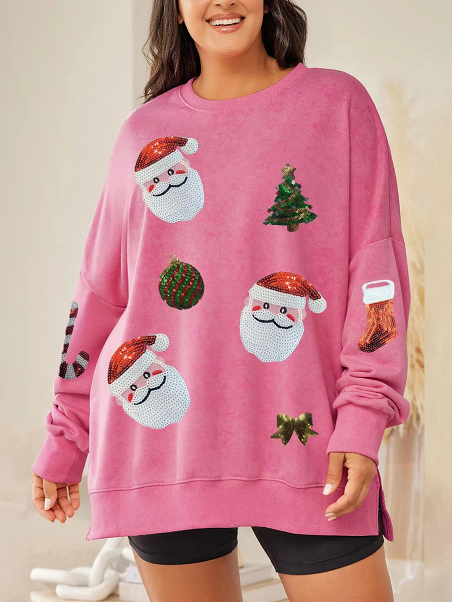 Sudaderas navideñas para mujer con lentejuelas y estampado de Papá Noel, manga larga, cuello redondo, tops de gran tamaño