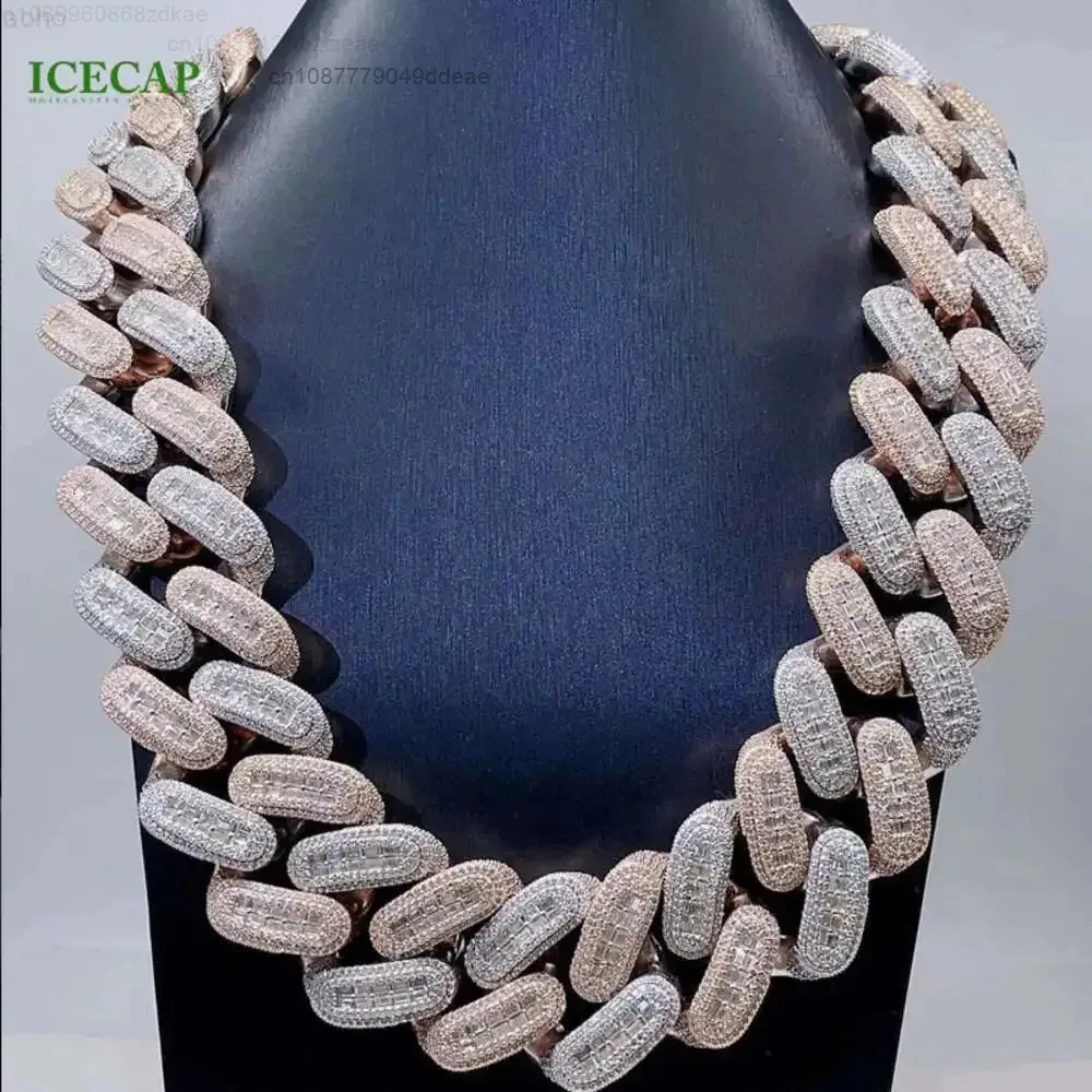 

925 Sterling Silver Baguette Vvs Moissanite Two Tone Solid Thick 25mm Custom Hiphop Moissanite Cuban Chain Necklace