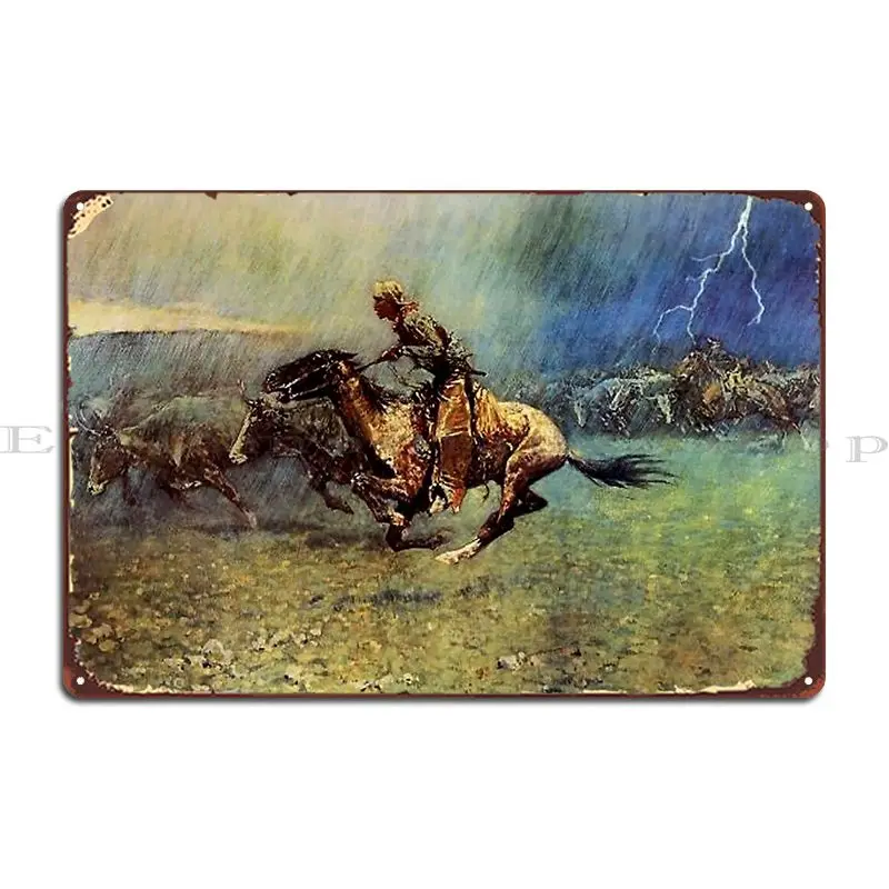 Frederick Remington Western Art The Stampede Metal Sign Cinema Living Room Printing Home Sign Tin Sign Poster