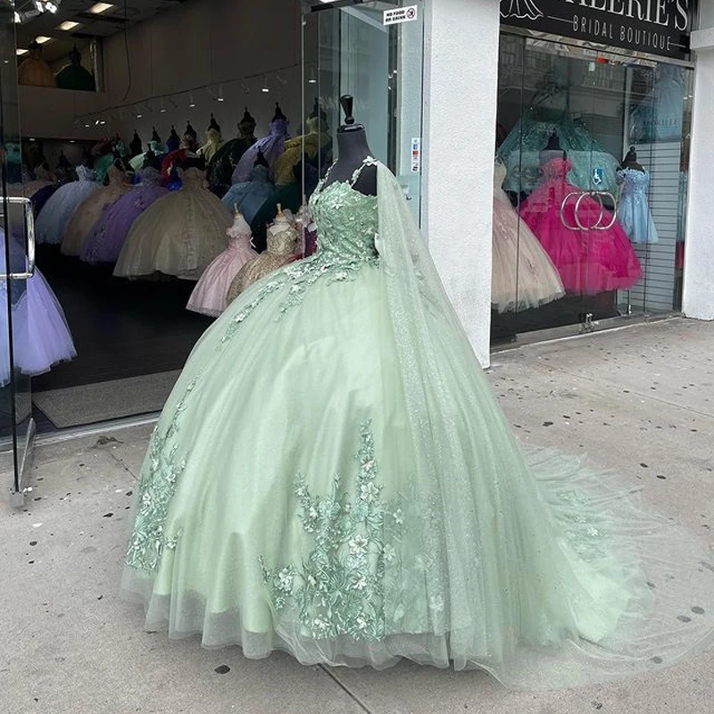 ANGELSBRIDEP-Vestidos Quinceanera com Capa Brilhante, Applique 3D, Verde Sábio Brilhante, Vestido de Aniversário Formal, 15 Anos