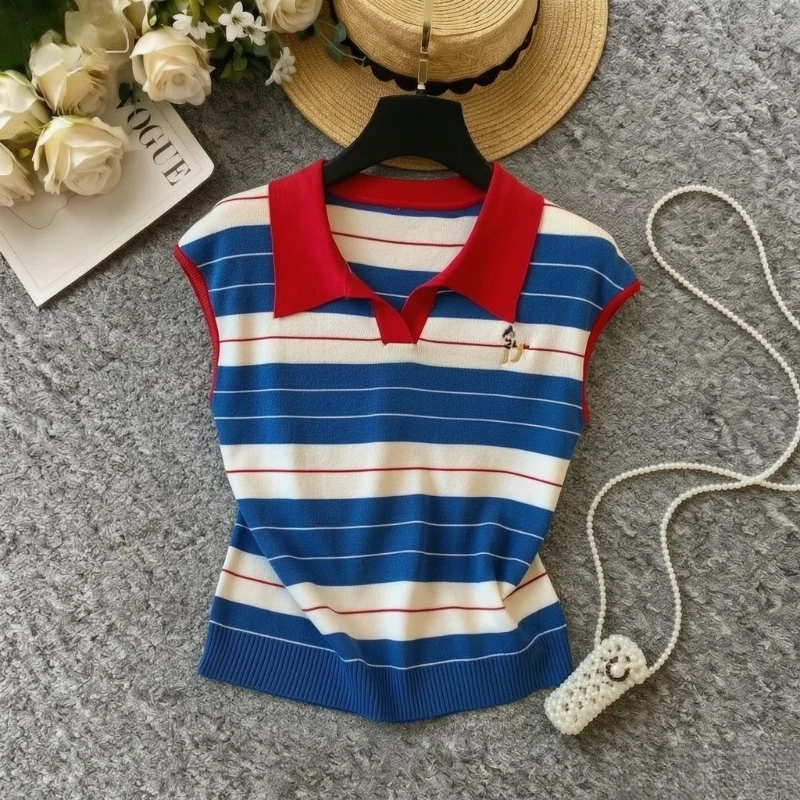 Women Red Collar Color Block Striped Knit Pullover Sleeveless Embroidery Decor Stretchy Slim Summer Preppy Knit Sweater Top