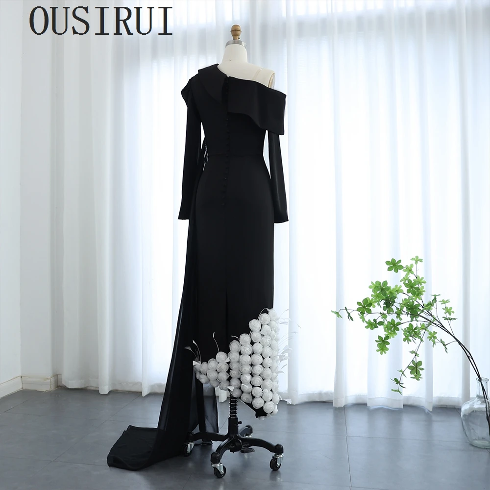 OUSIRUI Elegant One Shoulder 3D Flowers Feathers Black Evening Dresses For Woman Long Sleeves Arabic Mermaid Formal Party Gowns