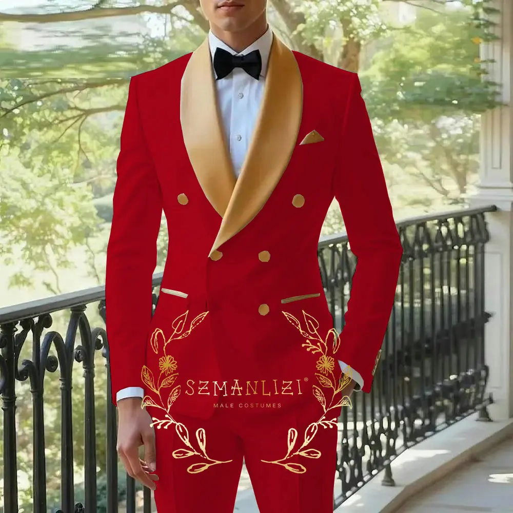 Weißer Herrenanzug, zweireihig, Blazer, Hose, neueste Designs, goldenes Schalkragen, schmale Passform, 2-teiliger Smoking, Bräutigam, Abschlussball, Anzüge, Ternos