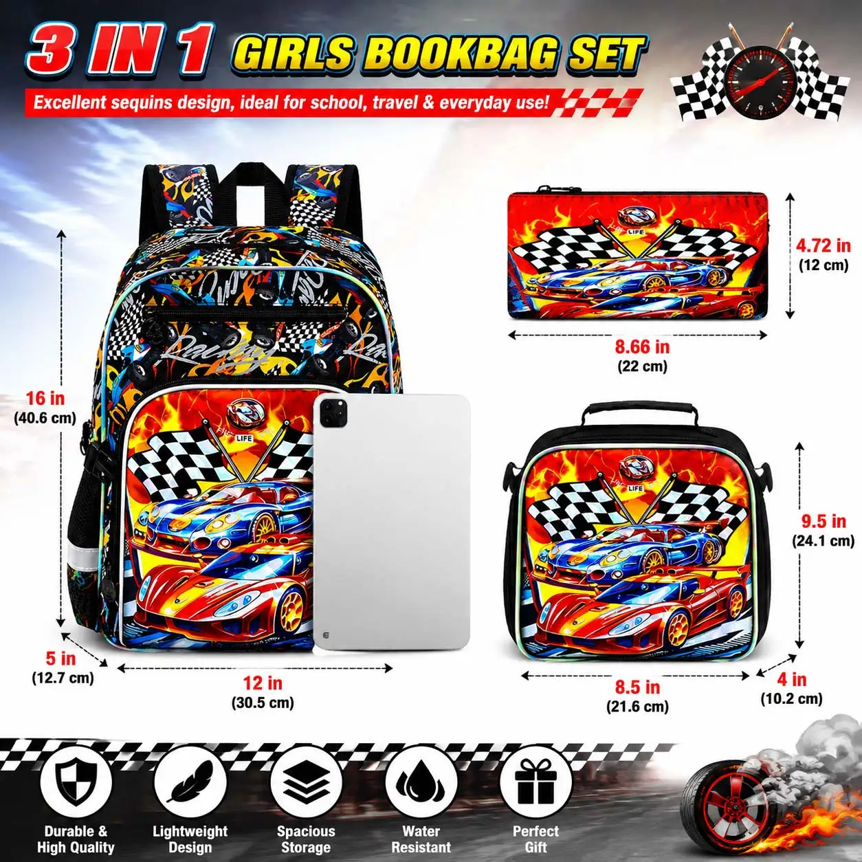 3pcs Boys Backpack Set, Racing Car School Backpack with Buckle, Handbag & Pen Pouch