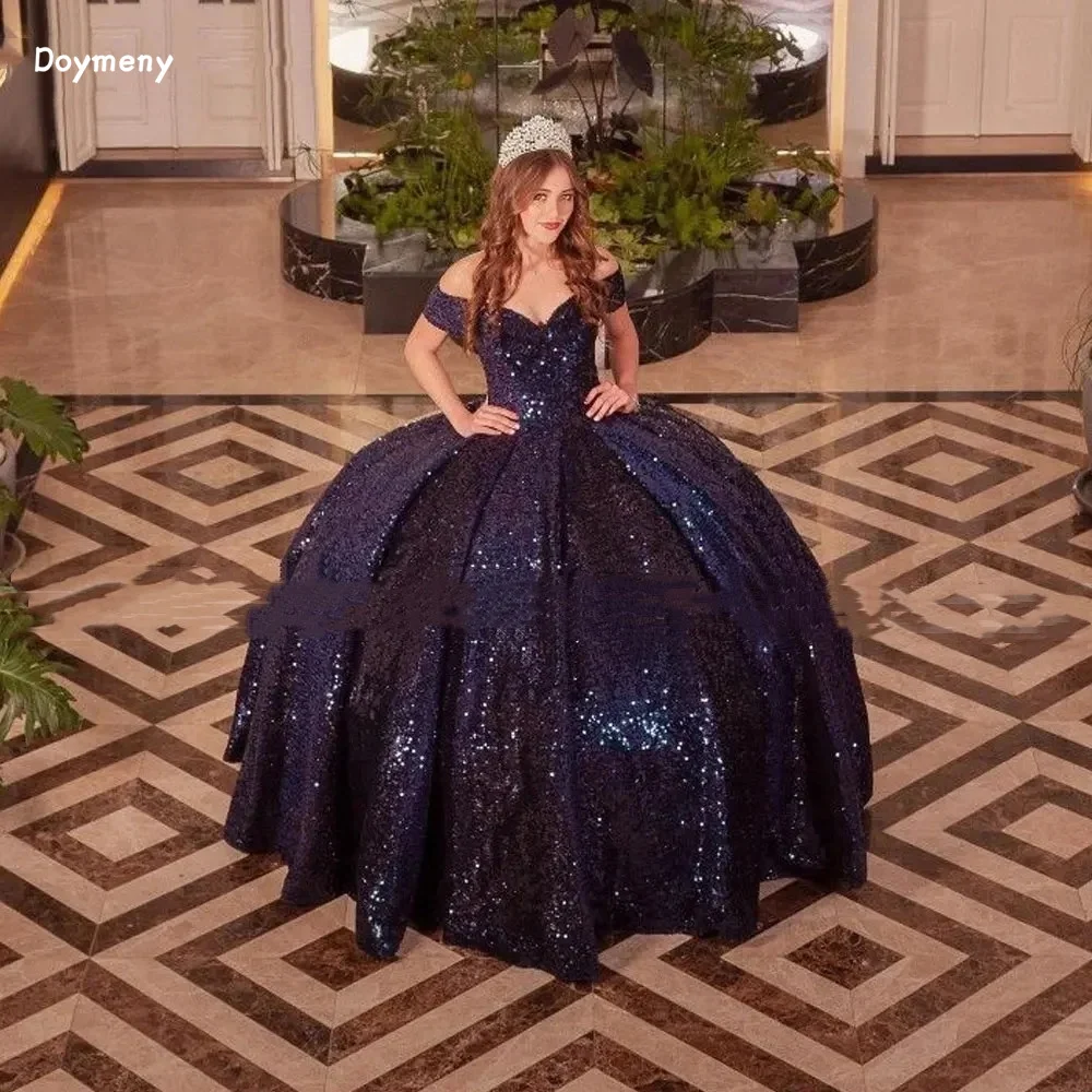 Doymeny vestido de Quinceañera de satén con lentejuelas brillantes, largo hasta el suelo, hombros descubiertos, dulce vestido de princesa de 16 años para 15 años