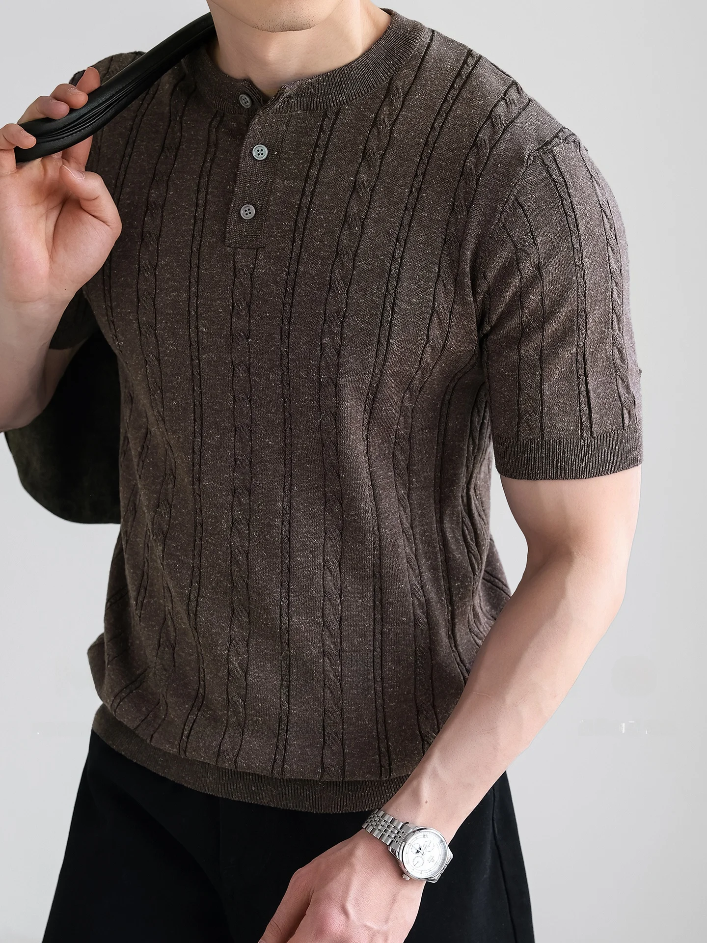 Breathable Linen Blend Knitted Short Sleeve T-Shirt Casual Summer Leisure Machine Washable Henry Collar Top for Men
