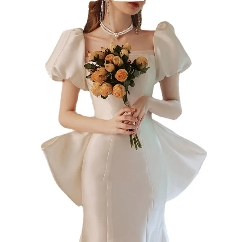 Abito formale con maniche a sbuffo abiti da sposa a sirena in raso Vintage abiti da sposa con fiocco senza schienale principessa vestido de festa de casamento