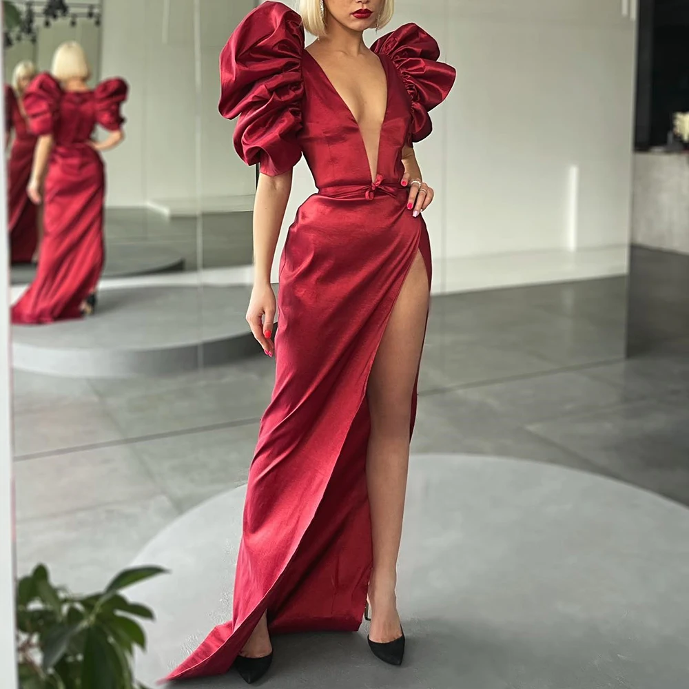 

Sexy Deep V-Ncek Side Slit Puff Sleeves Evening Dresses Solid Red Color Satin Straight Floor Length Half Sleeves Robe de soirée