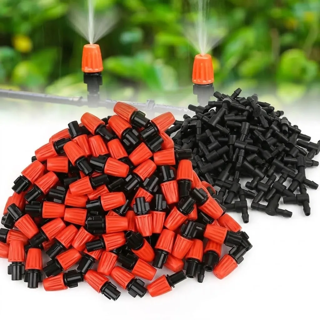 Orange Adjustable Misting Nozzle 7.5-10L/H T-Type With 1/4 Inch Tee Connector For Garden Greenhouse 4/7mm Hose Sprayer Watering