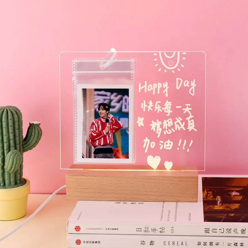 New Arrival USB Acrylic Daily Moments Photo Memo Message Board With Wood Stand Holder Set Lamp Creative School Stationery