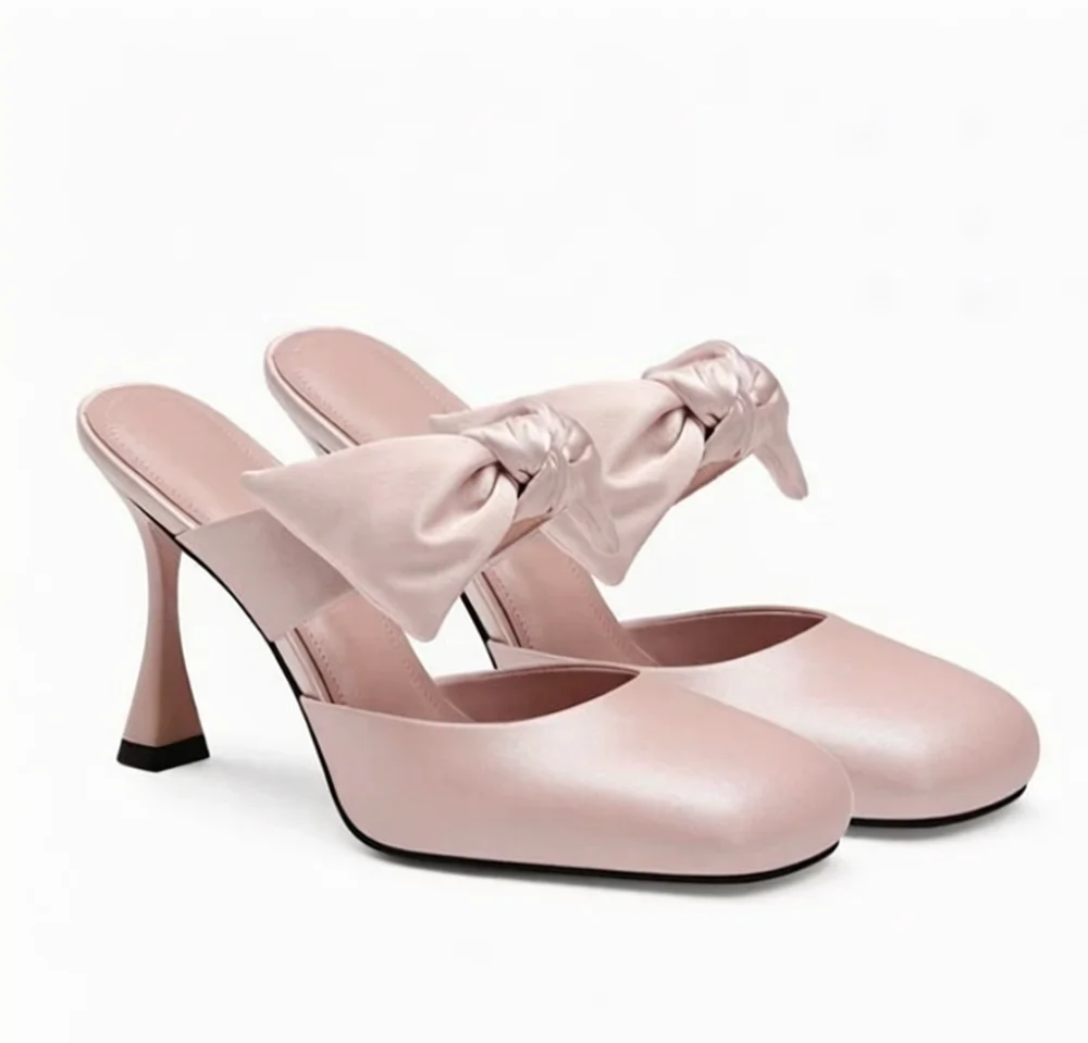 

Blush Pink/Black Leather Mule Heels Oversized Bow Accent Square Toe Flared Heel Slip-On Open Back Sweet Style Elegant Footwear