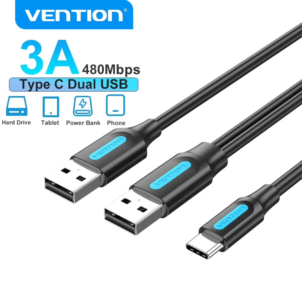 Vention tipo c cabo usb duplo 60w 3a cabo de carregamento rápido cabo de transmissão de dados de disco rígido para samsung note 3 s5 xiaomi fio usb