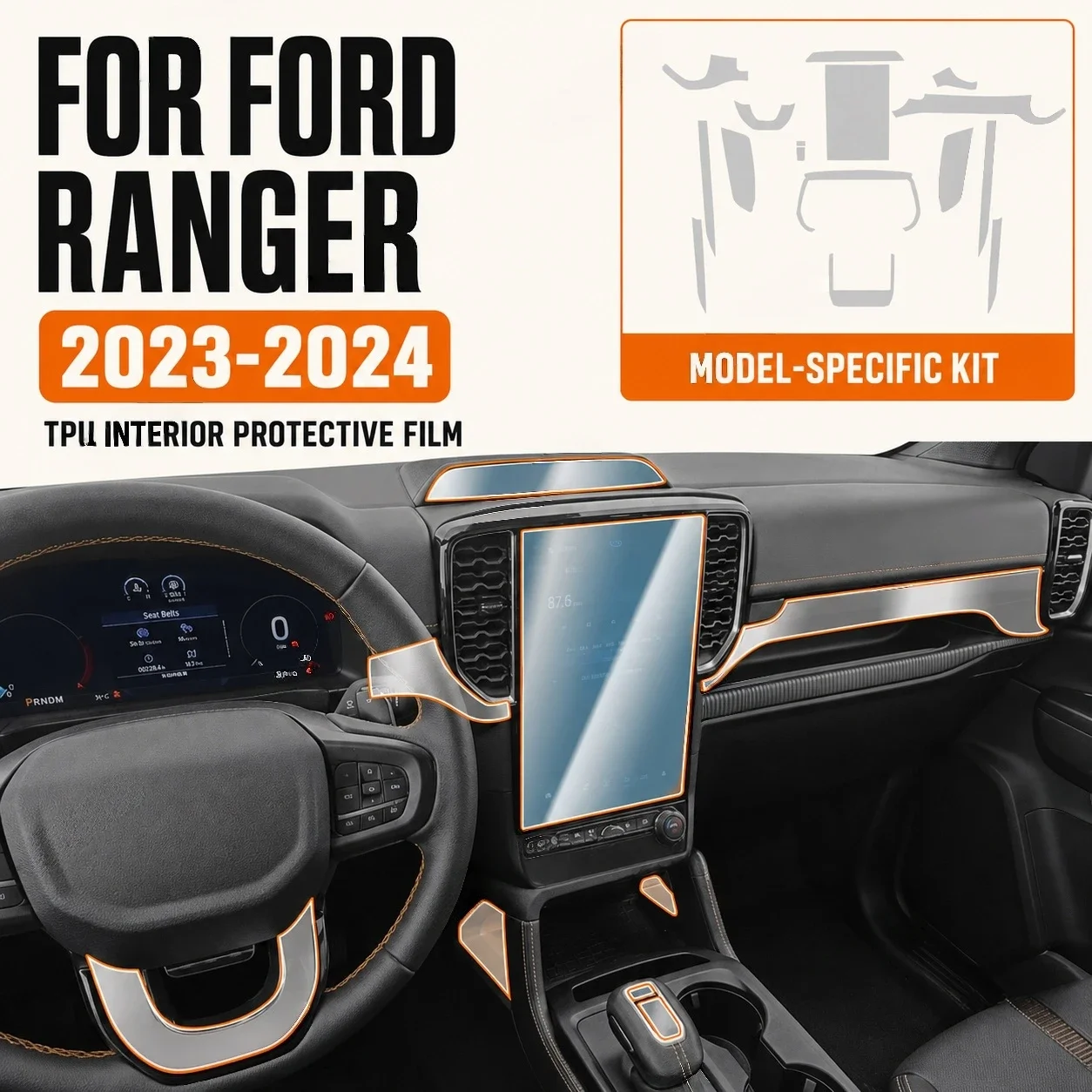 For Ford Ranger 2023 2024 Automotive Transparent TPU Interior Protective Film Gearbox Panel Navigation Screen Anti-Scratch