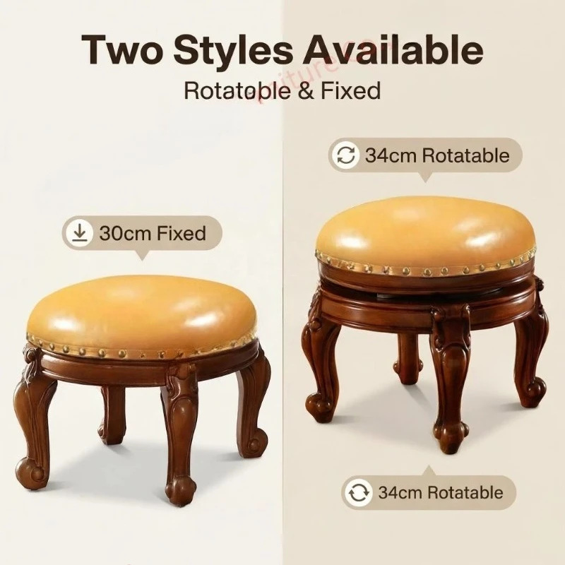 Yellow PU Leather Round Stool-Solid Wood Frame Nailhead Trim Fixed Base-Round Ottoman for Living Room Bedroom Entryway