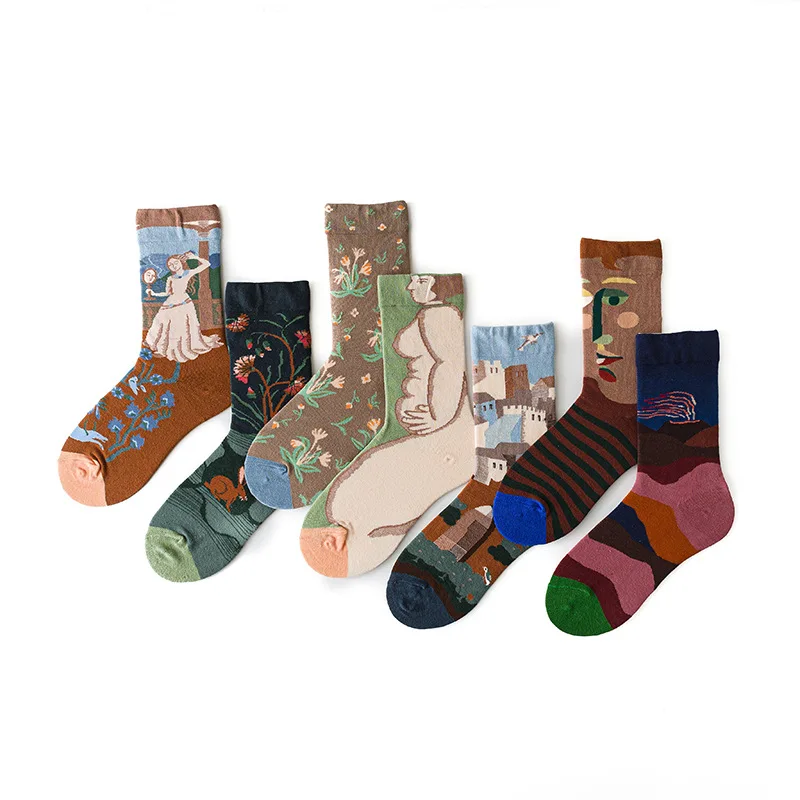 Calcetines de tendencia de moda para hombres y mujeres, calcetines de tubo alto, calcetines de pareja, ilustración artística, calcetines deportivos