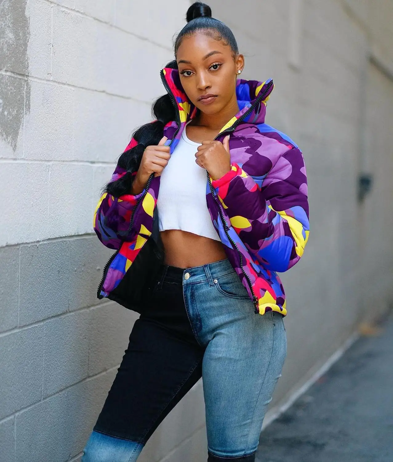 2023 Winter Women Short Parkas High Collar Full Sleeve Zipper Camouflage Print Coat High Street Outer Night Club Jacket Tops