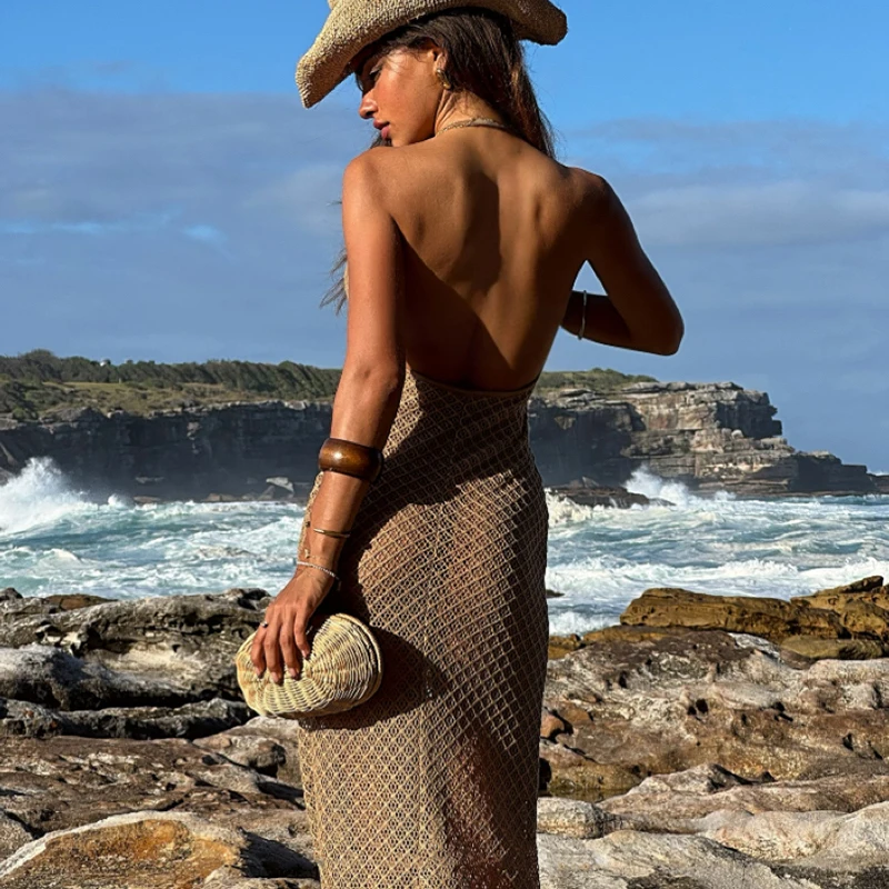 Sexy Deep V Backless Long Dress, Knitted Hollow Out Fashion Solid Color Beach Cover-Up Dress, Slim-Fitting Sexy Style
