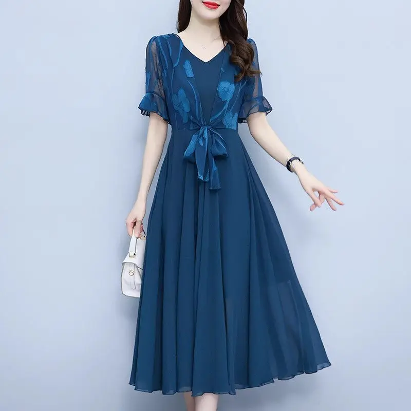 

High End Chiffon Dress For Women's Clothing 2023 Summer Mommy Slim Splicing Dress Fashion Mid Length Elegant Vestidos Z1514