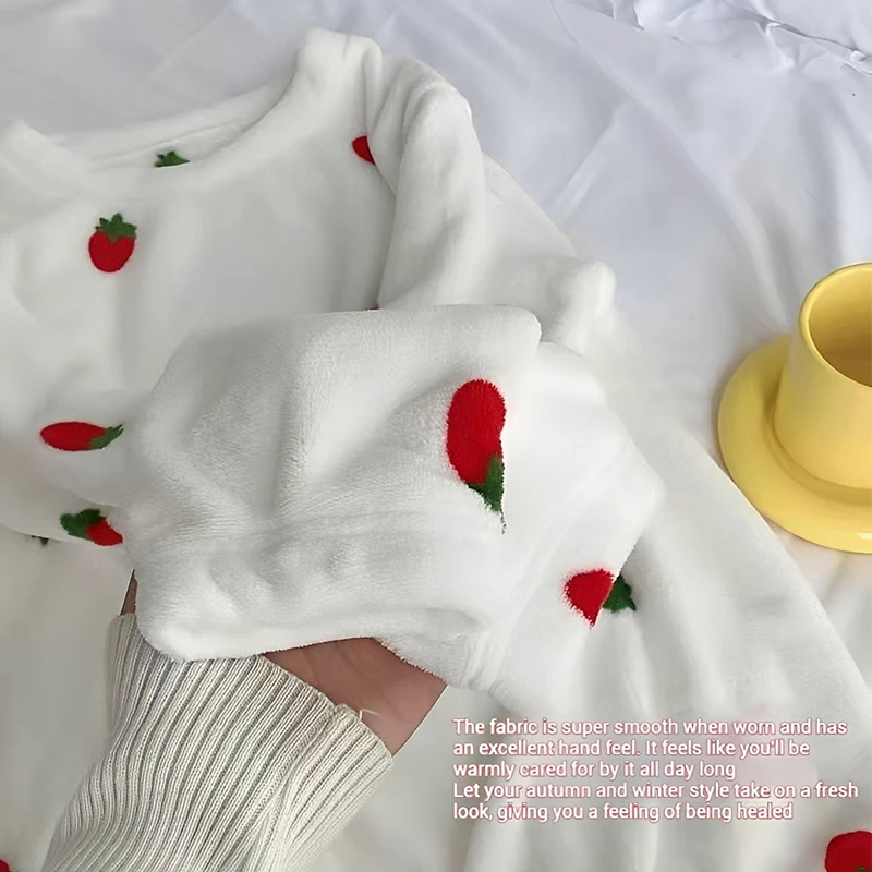 FINETOO Winter Soft Comfortable Velvet Jacquard Warm Sleepwear Cute Strawberry Pajama Sets Female Thermal Nightwear Loungewear