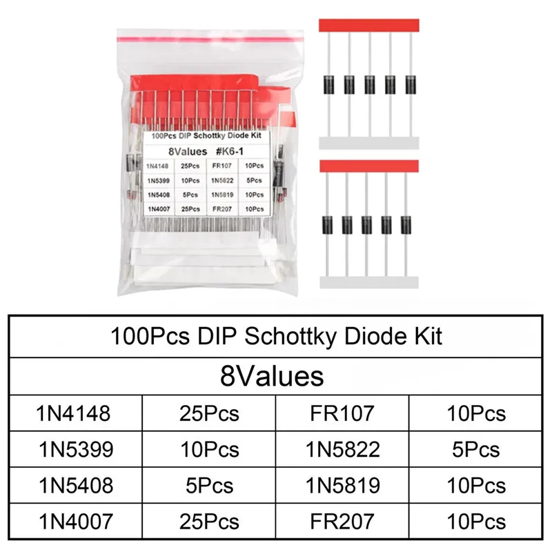200PCS Switch Rectifier Schottky Diode Kit Sample Box 1N4148 1N5819 1N4007 UF4007 6A10 10A10 FR107 1N5408 RL207 SR5100 1N5399