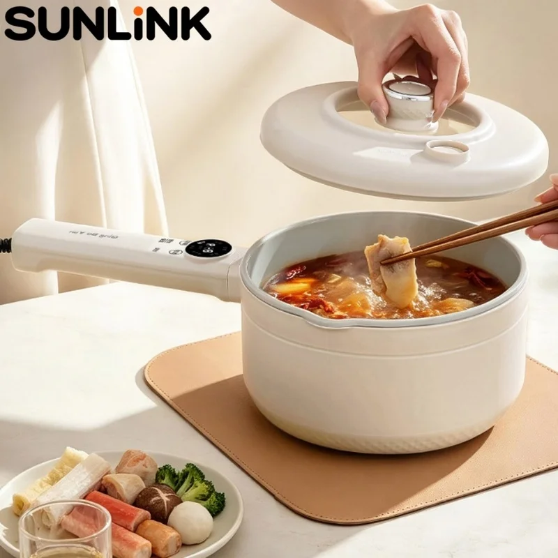 1pc 220V Electric Cooking Pot Smart Non-Stick Pot with Micro Pressure Lid Portable Skillet for Stew Steam Fry Home Dorm Kitchen