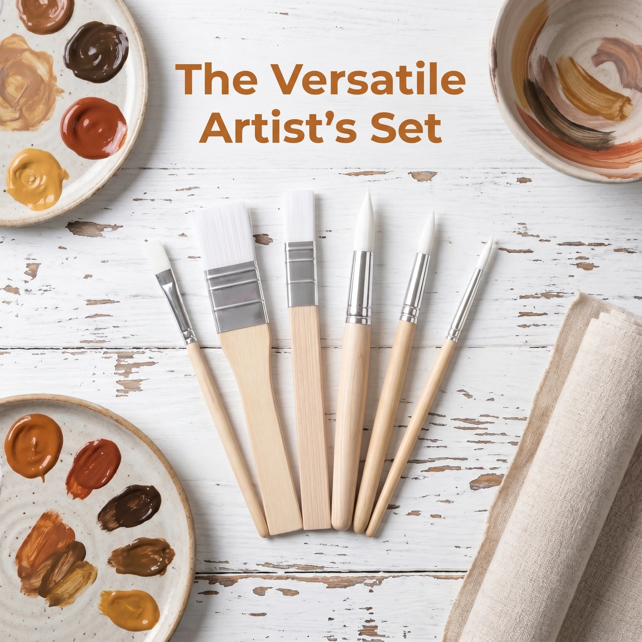 6Pcs Paint Brush Set, Wood Handle Nylon Flat & Pointed Brushes for Acrylic Watercolor Oil, Art Painting Supplies