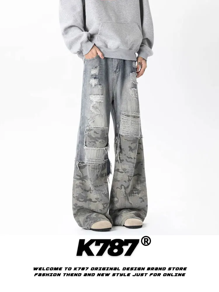 

K787 American Retro Distred Patchwork Fce Denim Jeans Men's Oversize Embroidered Camouflage Casual Straight Leg Pants