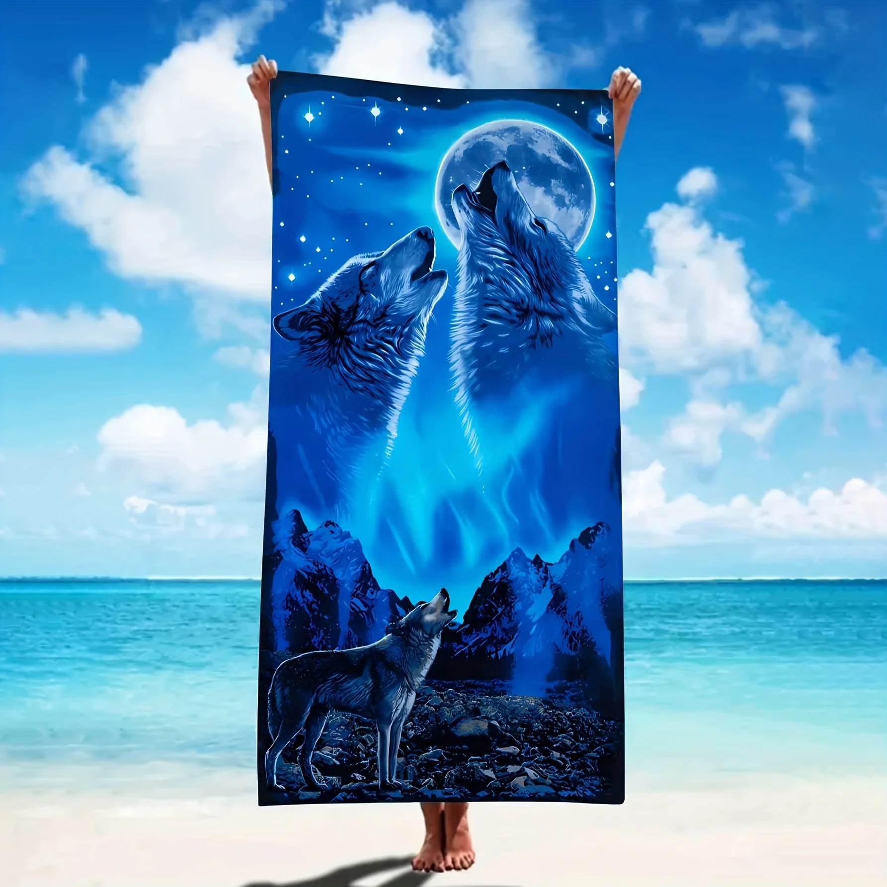 Oversized Quick Dry Microfiber Beach Towel with Wolf Pattern - Super Absorbent and Lightweight