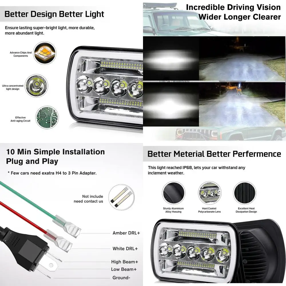 

5x77 LED Headlights with 6 Rectangle, High/Low Beam, White & Amber DRL, Fits XJ/YJ Jeeps, Replaces H5054/H6054, 2 Pack