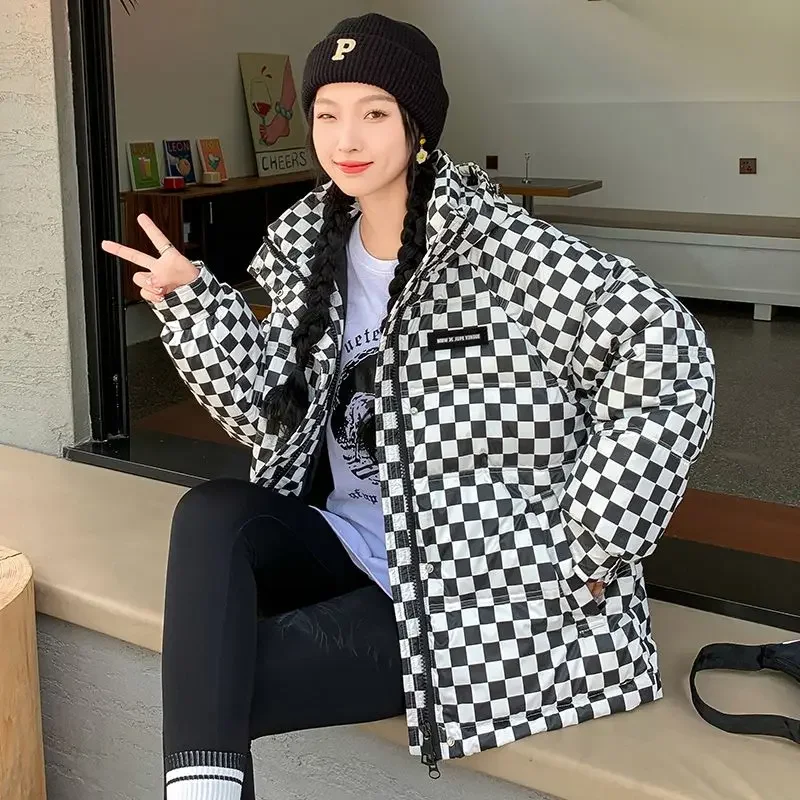 oversize bread coat plaid reversible down cotton coat women\'s 2023 new autumn and winter coat thick plaid cotton jacket