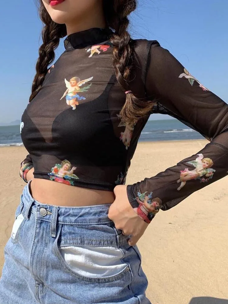 Sexy Vrouwen T-shirt Zien Door Transparante Mesh Tops Lange Mouw Sheer Slim Dames Coltrui T-Shirt Nieuwe Aankomst Vrouwen t-shirt